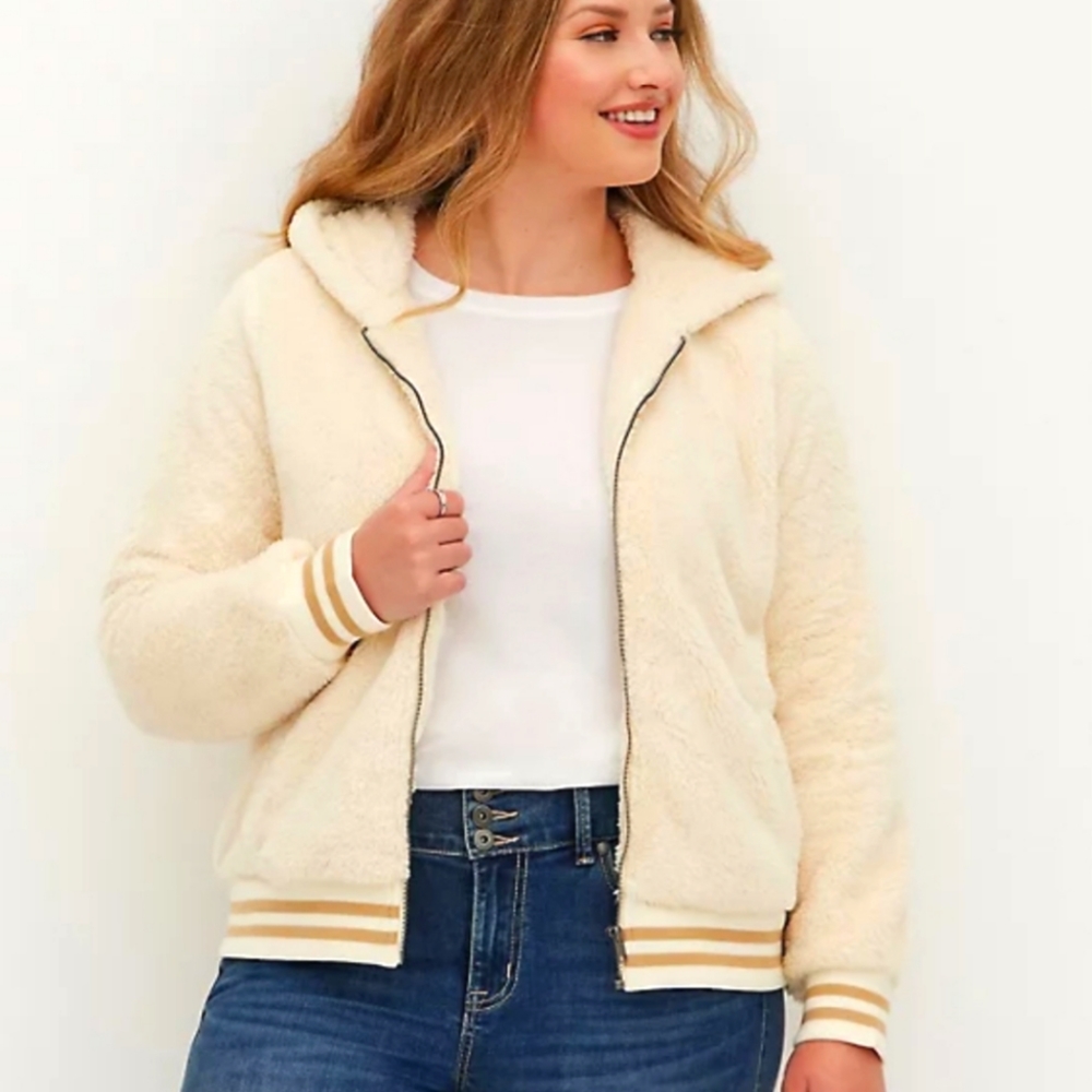 Torrid Sherpa Varsity Bomber Cream